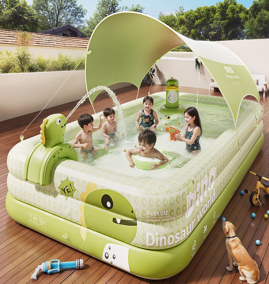 Inflatable Swimming Pool 300×175×56cm with Canopy & Dinosaur Spray – Kids Outdoor Water Play Set for Backyard, Garden, Summer Fun (Green)