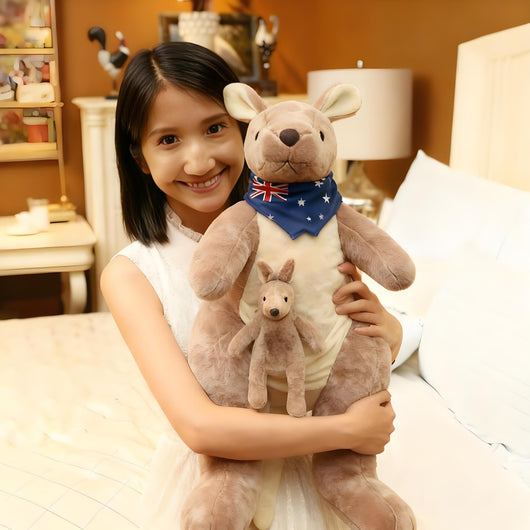 Kangaroo Stuffed Animal with Joey in Pouch & Australia Scarf - Soft Cuddly Plush Toy(32cm, light grey)| Other Colors Available in Store