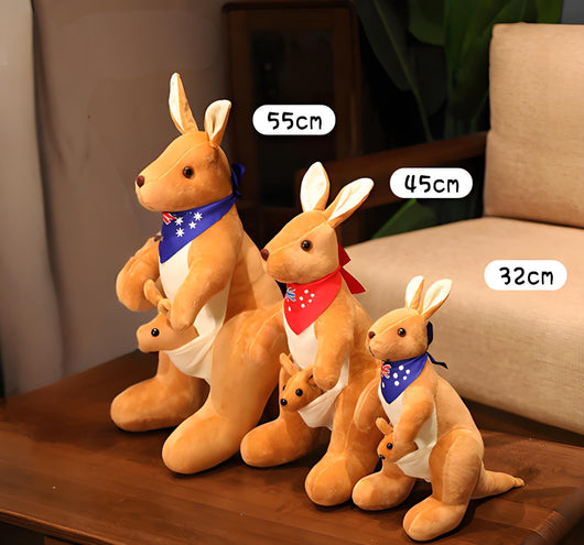 Kangaroo Stuffed Animal with Joey in Pouch & Australia Scarf - Soft Cuddly Plush Toy(32cm, light grey)| Other Colors Available in Store