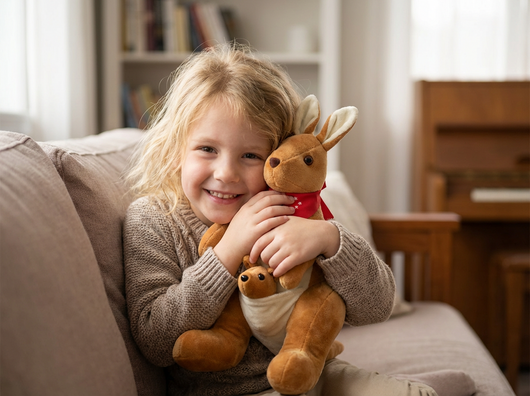 Kangaroo Stuffed Animal with Joey in Pouch & Australia Scarf - Soft Cuddly Plush Toy(45cm, light brown
)| Other Colors Available in Store