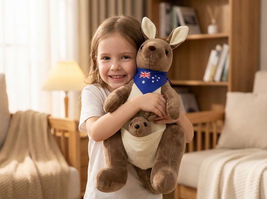 Kangaroo Stuffed Animal with Joey in Pouch & Australia Scarf - Soft Cuddly Plush Toy(32cm, Dark brown
)| Other Colors Available in Store