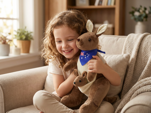 Kangaroo Stuffed Animal with Joey in Pouch & Australia Scarf - Soft Cuddly Plush Toy(55cm, Dark brown
)| Other Colors Available in Store