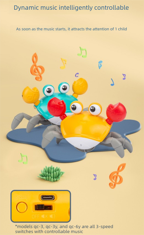 Electric Induction Crawling Crab Baby Toy Interactive Obstacle Avoidance Moving Pet with Music & Light USB Rechargeable Tummy Time Gift Sun Orange