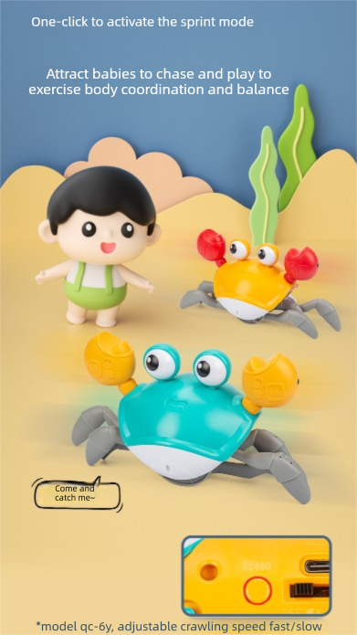 Electric Induction Crawling Crab Baby Toy Interactive Obstacle Avoidance Moving Pet with Music & Light USB Rechargeable Tummy Time Gift Sun Orange