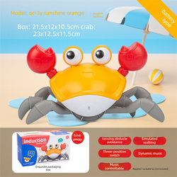 Electric Induction Crawling Crab Baby Toy Battery Operated with Silent Mode Music Off Switch Obstacle Avoidance Tummy Time Gift Sun Orange