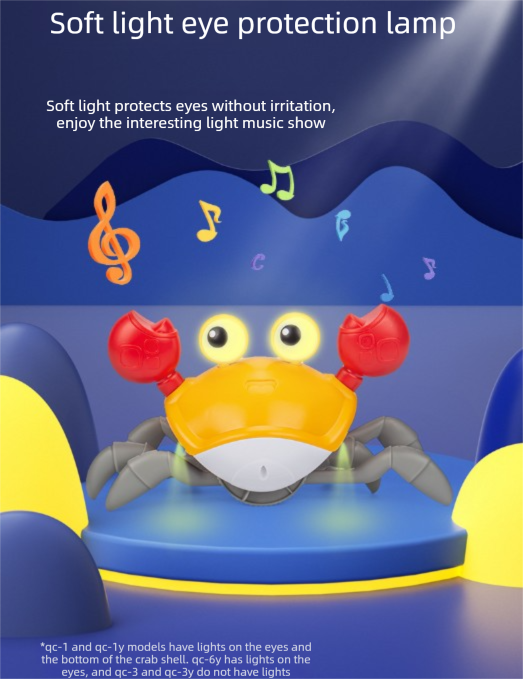 Electric Induction Crawling Crab Baby Toy Battery Operated with Silent Mode Music Off Switch Obstacle Avoidance Tummy Time Gift Sun Orange