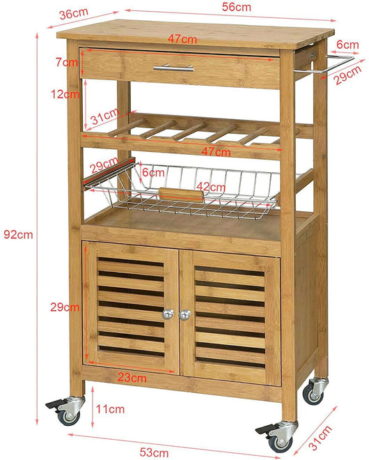 VIKUS Bamboo Kitchen Storage Trolley with Wine Rack