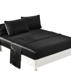 DreamZ Silky Satin Sheets Fitted Bed Sheet Pillowcases Summer King Single Black
