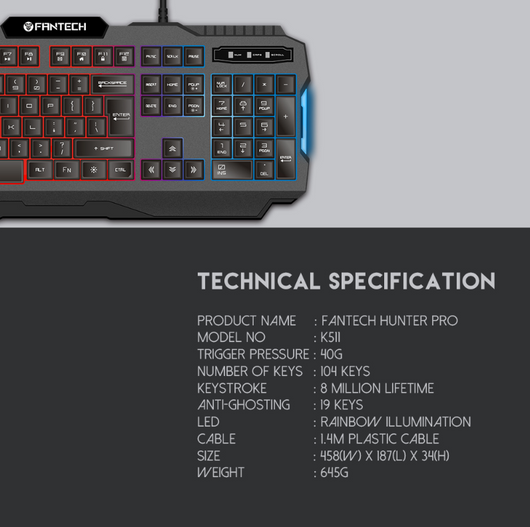 Fantech Wired Keyboard K511 Hunter Pro 104 Keys Gaming Keyboard